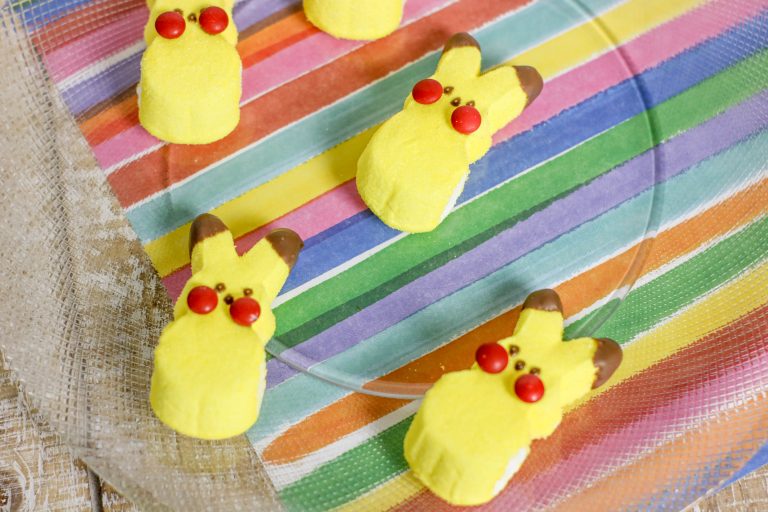 How to turn bunny Peeps into adorable Pikachu from Pokemon. These Pikachu Peeps are great for Pokemon Birthday Party food ideas or a fun treat for kids!
