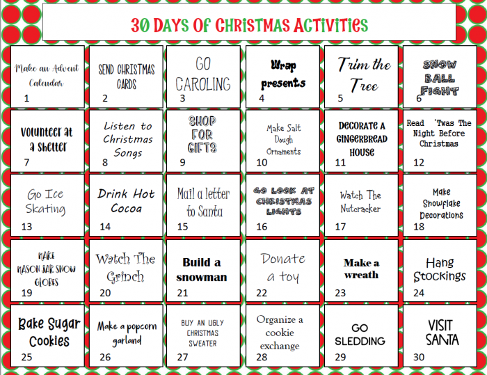 30 Days Worth Of Free Or Cheap Christmas Activities Printable Calendar