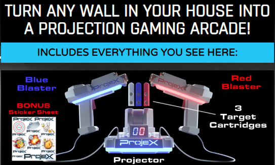 Turn any wall in your house into a projection gaming arcade! The ProjeX Projecting Game Arcade provides hours of fun without the need for tv! It is portable and comes with everything you need! Play outside or on a wall in your home!
