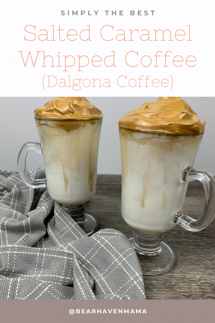 Whipped Coffee (Dalgona Coffee) combines equal parts of instant coffee, sugar, & hot water. This salted caramel version is sure to be your new fave version!