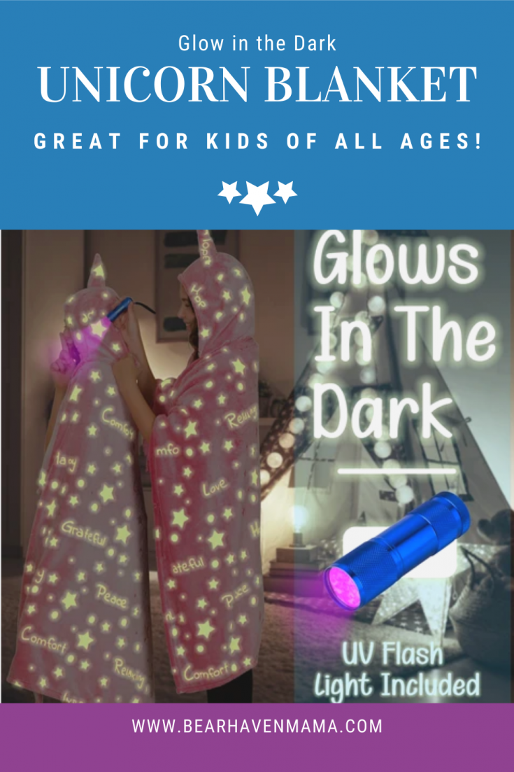 This comfy glow in the dark unicorn blanket is perfect for snuggling, sleepovers & pretend! Fun for children of all ages! Uses a UV Flashlight to activate, which is also included!