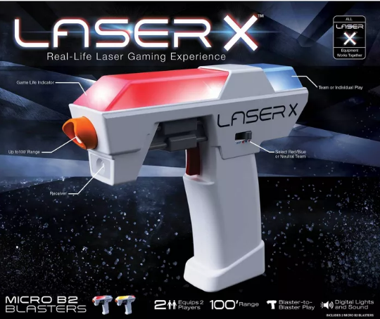 Laser X Micro B2 Blasters are the newest addition to the Laser X family. Like other Laser X gear, Micro Blasters feature state-of-the-art lighting and sound effects that bring the excitement of a laser tag arena right to your own backyard