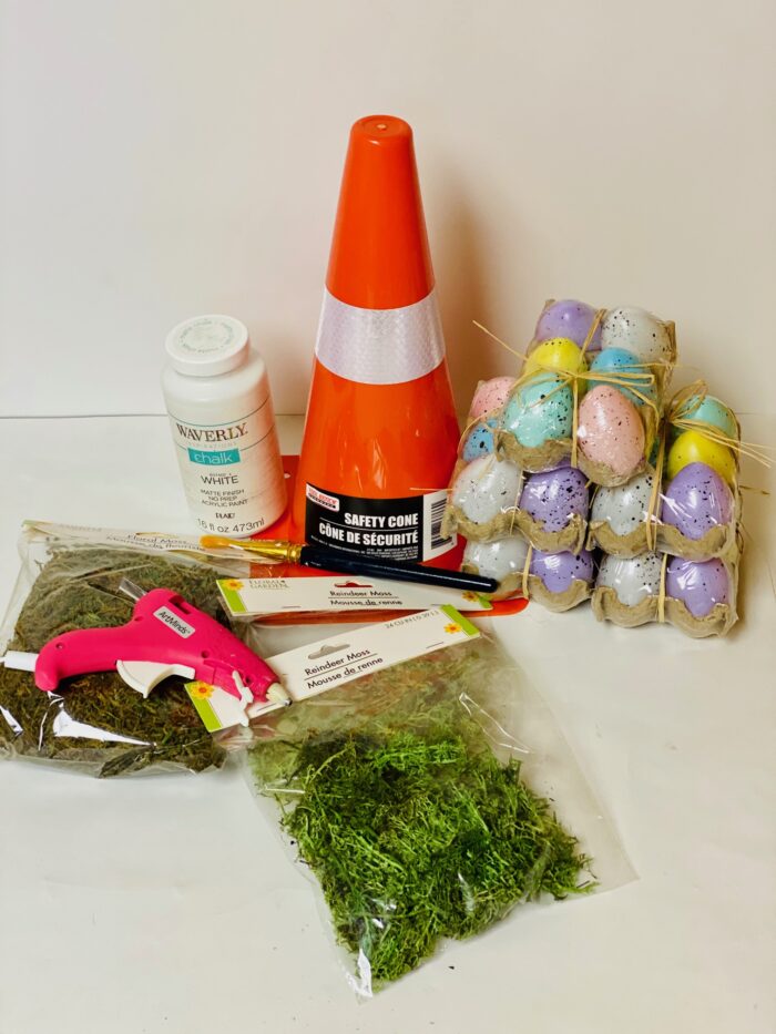 cone, plastic eggs, decorative grass, paint