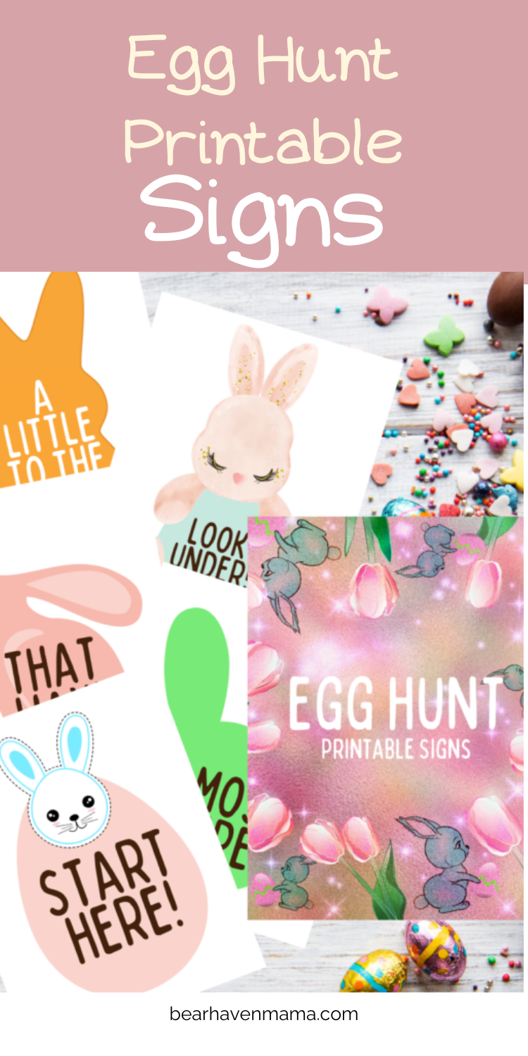pinterest pin that says "egg hunt printable signs" with examples of pictures of the signs