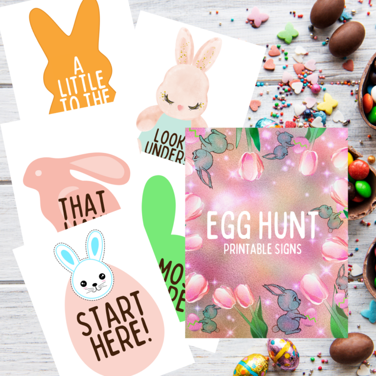 graphics of bunnies with words that say Egg Hunt Printable Signs