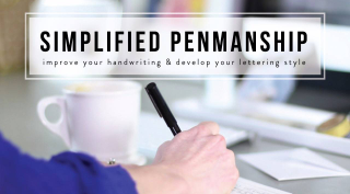 person holding pen with coffee in background and words saying simplified penmanship