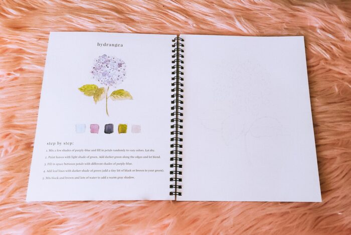 inside Emily Lex Simplified Classes Watercolor Workbook saying hydrangea