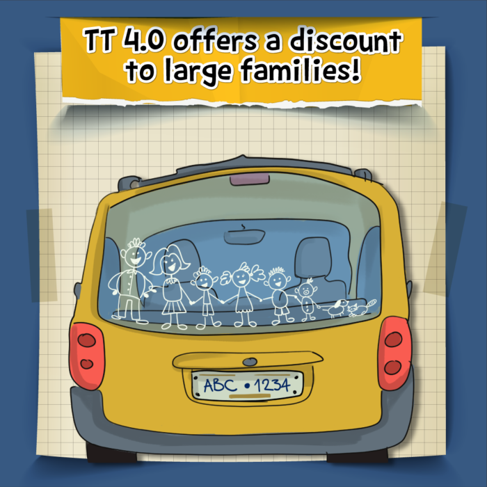 car with stick family and words that say TT 4.0 offers a discount to large families