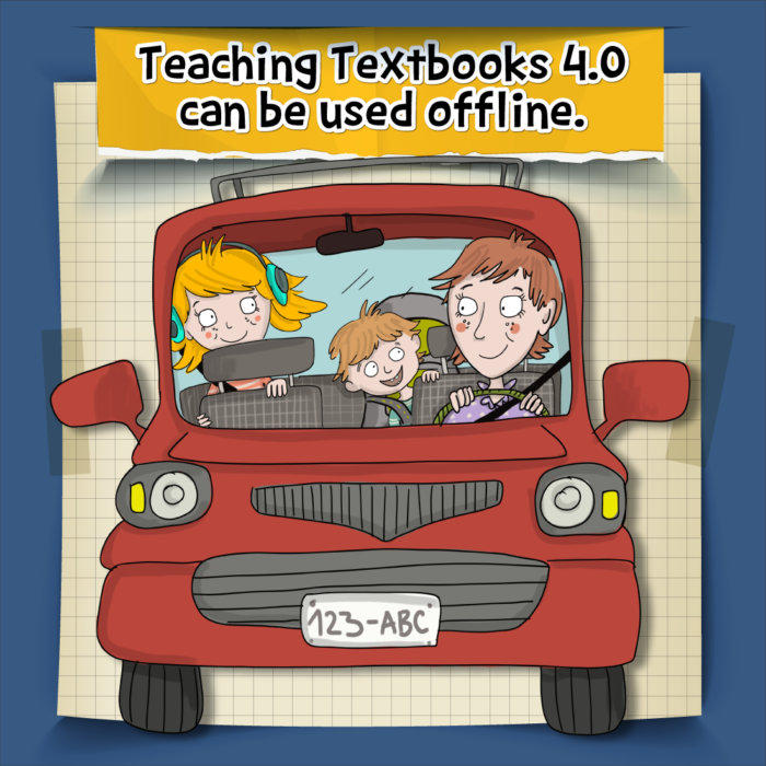 car animation with family that says teaching textbooks can be used offline