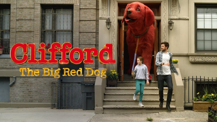 casey and emily elizabeth with clifford dog on leash with words saying clifford the big red dog