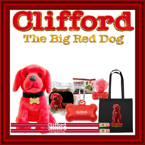 words saying clifford the big red dog with plush clifford, tote bag, pencils and other clifford merchandise