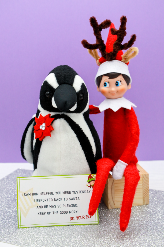 elf on the shelf with penguin and note card