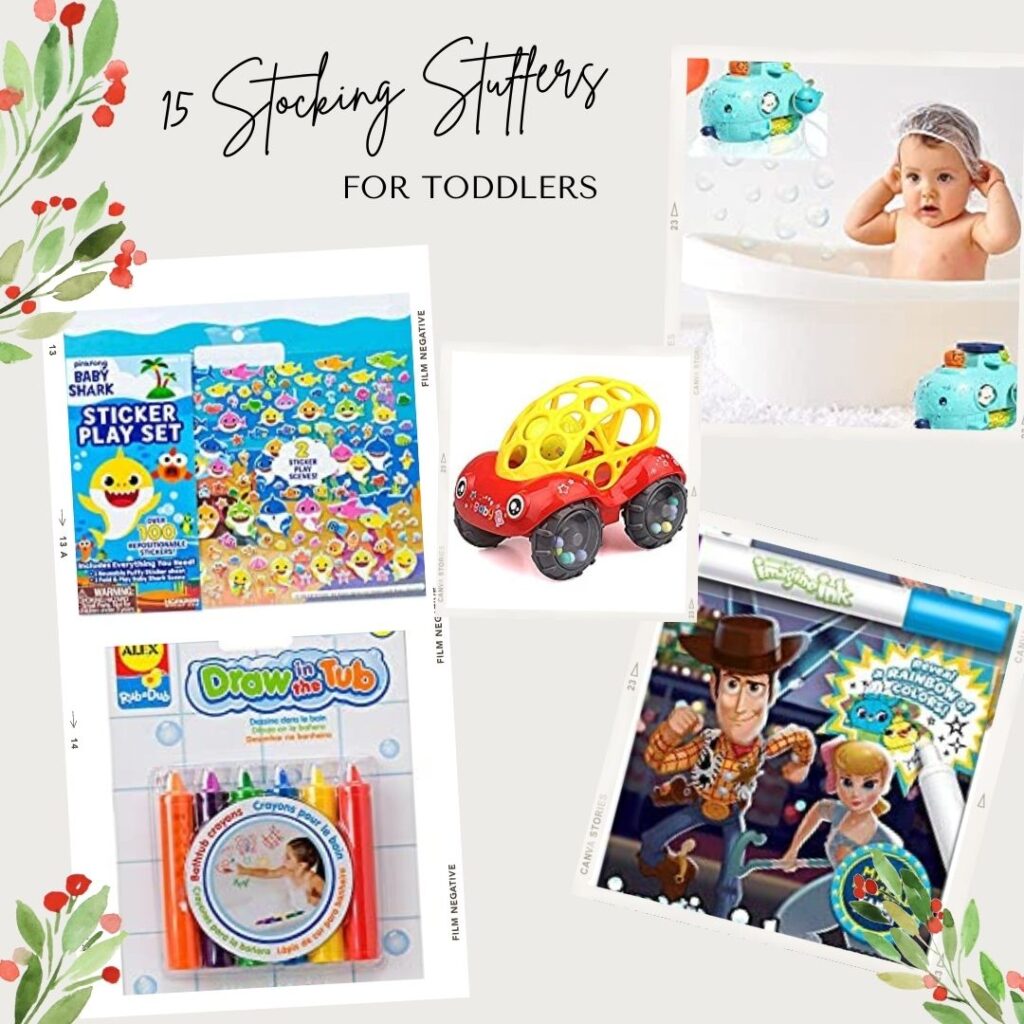 words saying 15 stocking stuffers for toddlers with toddler toys in the pictures