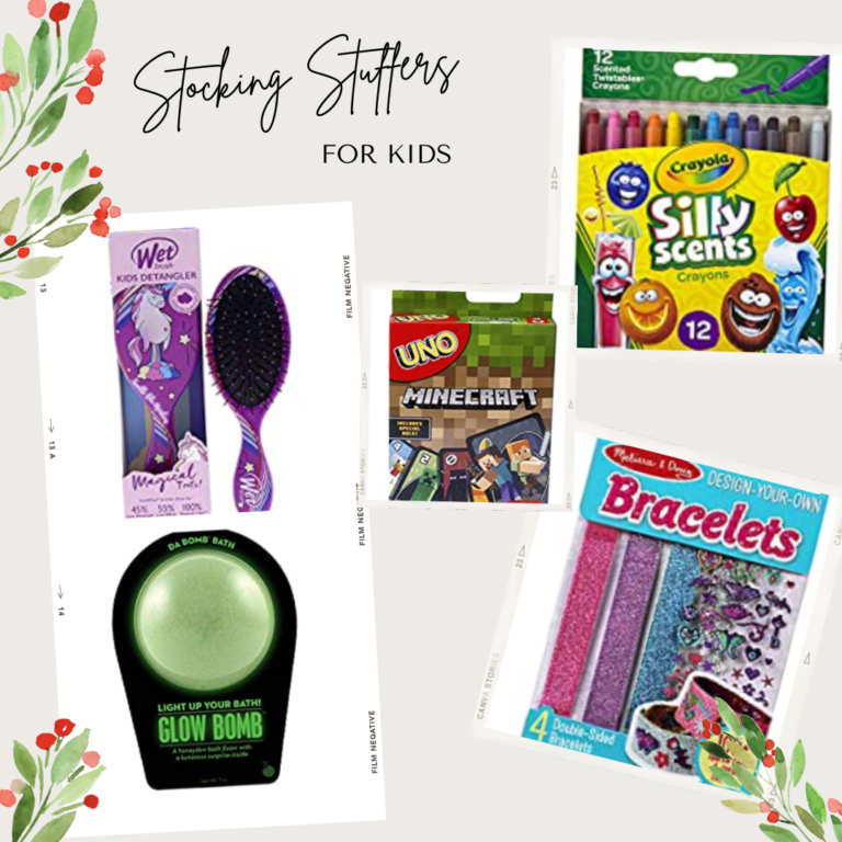 text saying stocking stuffers for kids with toys in the background