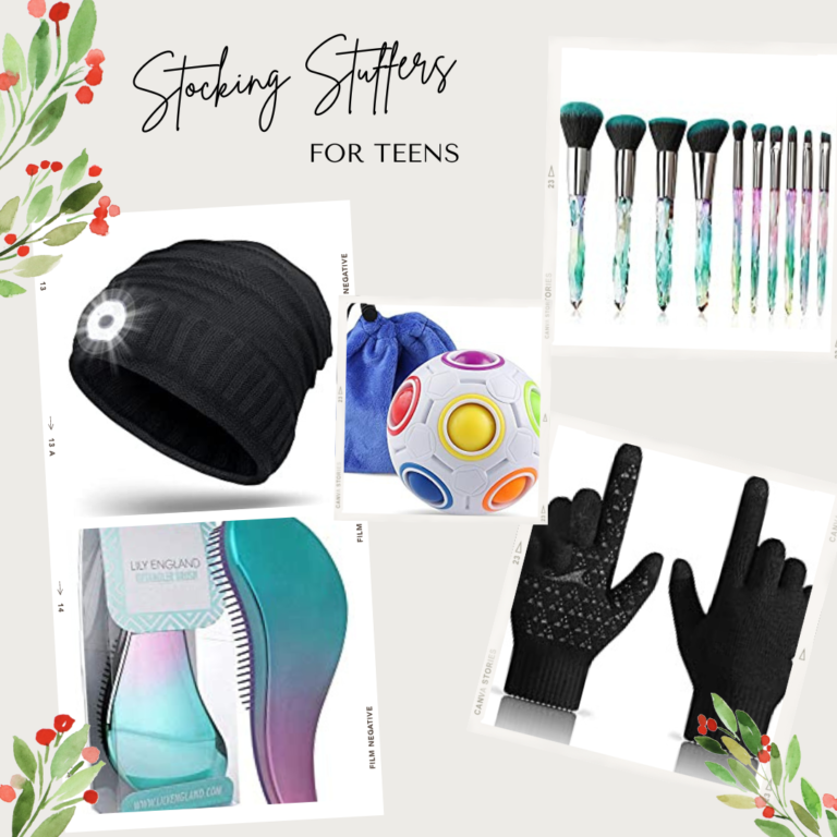 words saying "stocking stuffers for teens" with photos of hats, gloves, toys, brushes