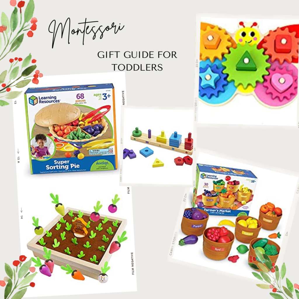 words that say "montessori gift guide for toddlers" with photos of toddler toys