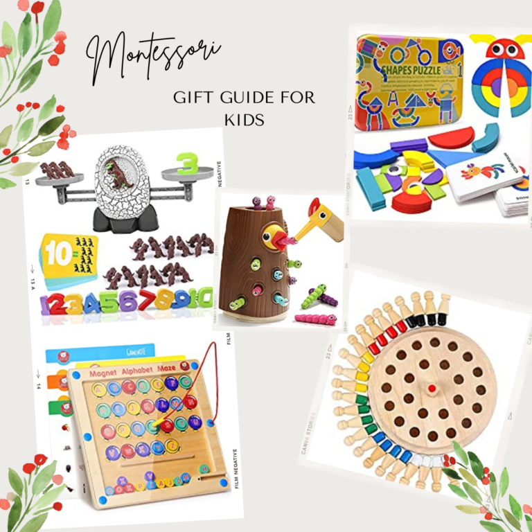 words that say "montessori gift guide for kids" with photos of games