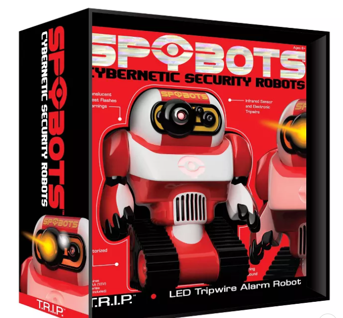 product box with words saying "spybots cybernetic security robots" with robot