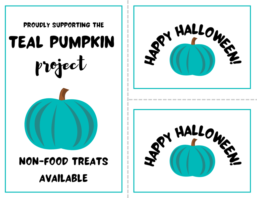 mock up of printables for the teal pumpkin project for children with food allergies