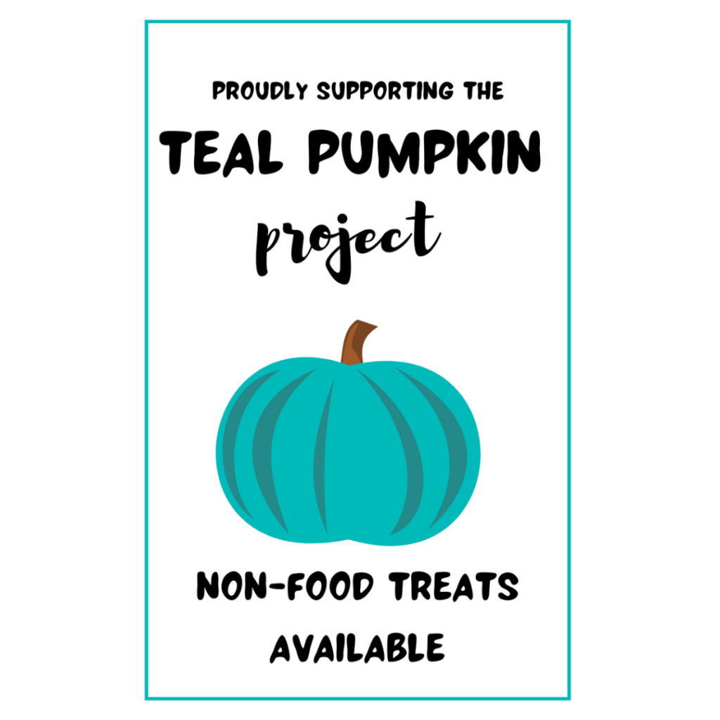 words that say "proudly supporting the teal pumpkin project...non-food treats available" with a teal pumpkin