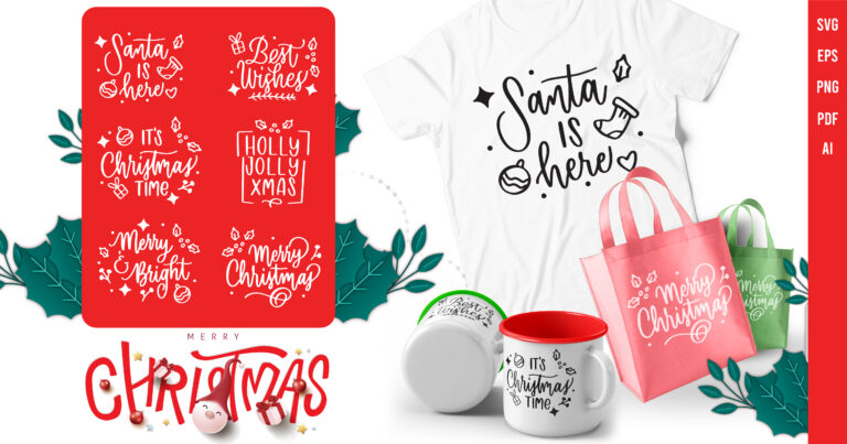 showing usage of free svg christmas images on tee shirt, bag, and mugs