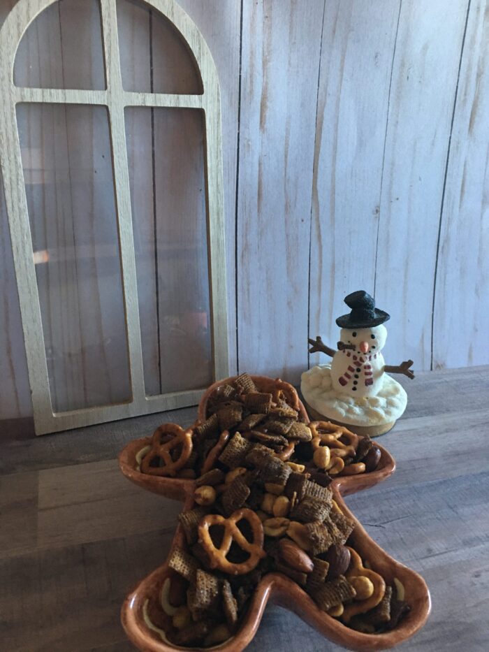 holiday party chex mix with holiday decor