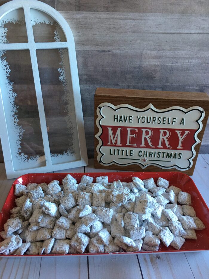 Double Peanut Butter Puppy Chow and christmas decor