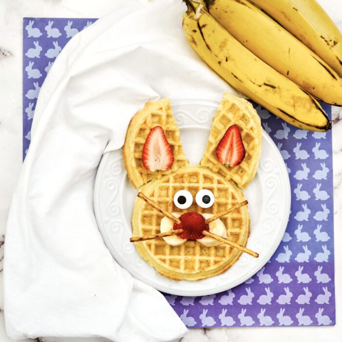 Easter Bunny Waffle with plate, towel, and bananas