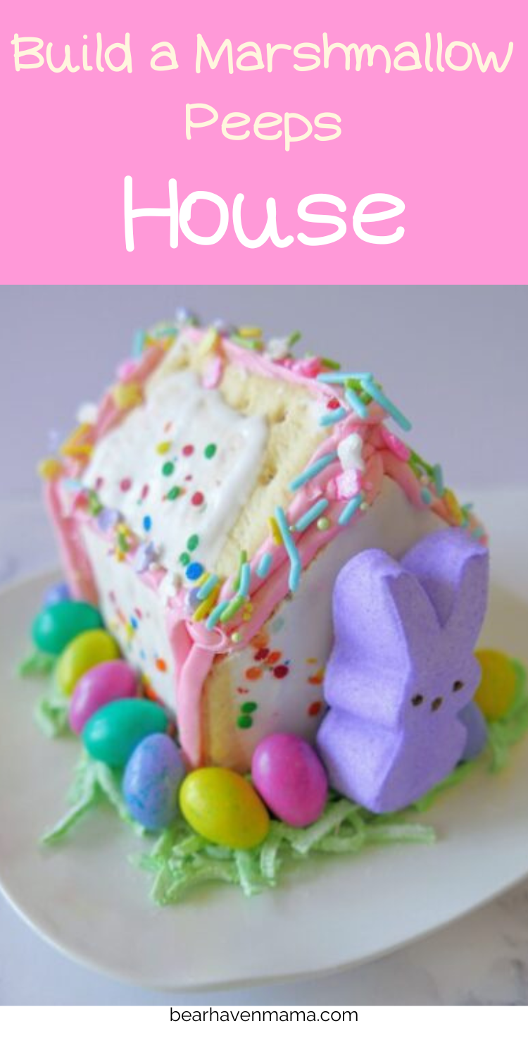 words saying "build a marshmallow peeps house" with a marshmallow peeps house 