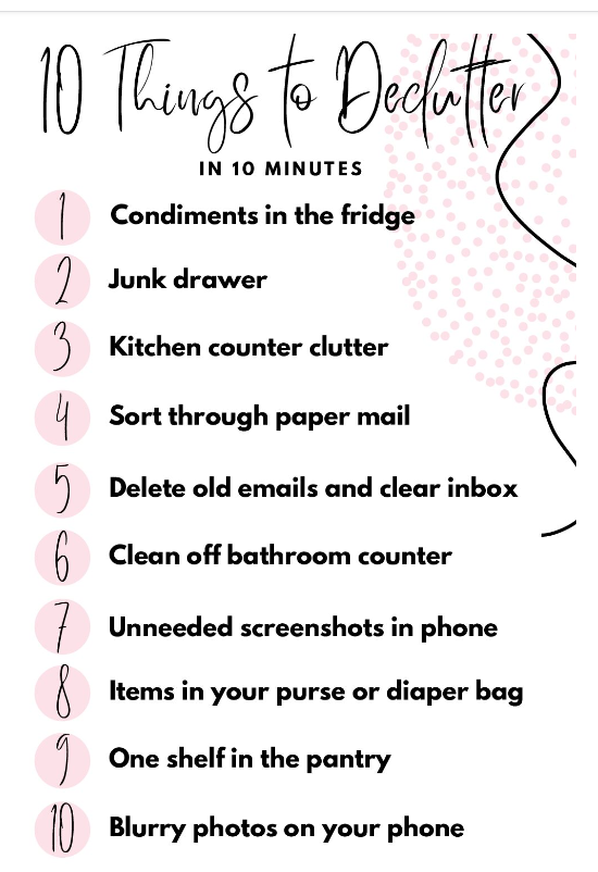 text with "10 things to declutter" with list of things to declutter