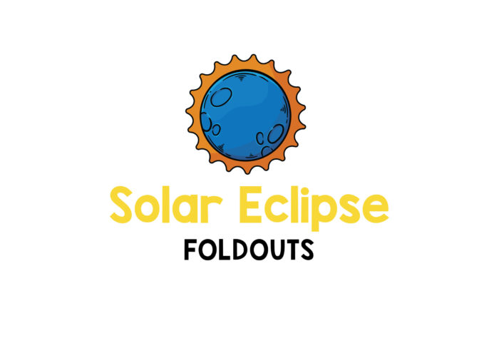 cartoon drawing of solar eclipse with words saying solar eclipse foldouts