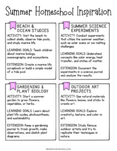 Words saying Summer Homeschool Inspiration with text giving homeschool ideas for summer