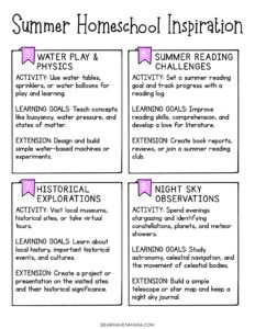 Words saying Summer Homeschool Inspiration with text giving homeschool ideas for summer