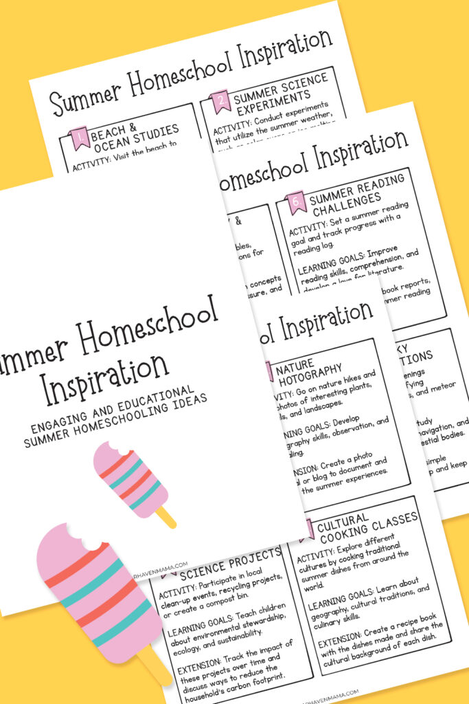 Words saying Summer Homeschool Inspiration with text giving homeschool ideas for summer