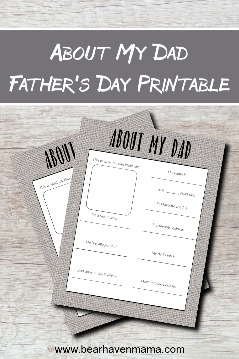text saying "about my dad father's day printable" with images showing this keepsake printable