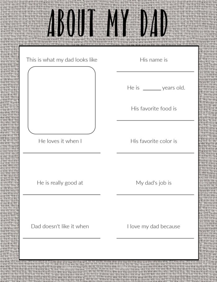 text saying "about my dad" keepsake printable with room for a photo and questions about dad