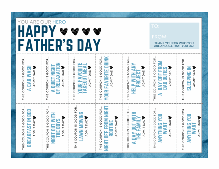 blue background with text saying Happy Father's Day and little coupons for father's day printed in coupon form