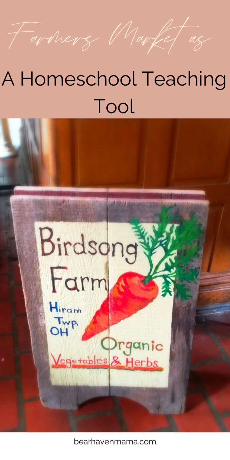 words saying "farmer's market as a homeschool teaching tool" with a sign