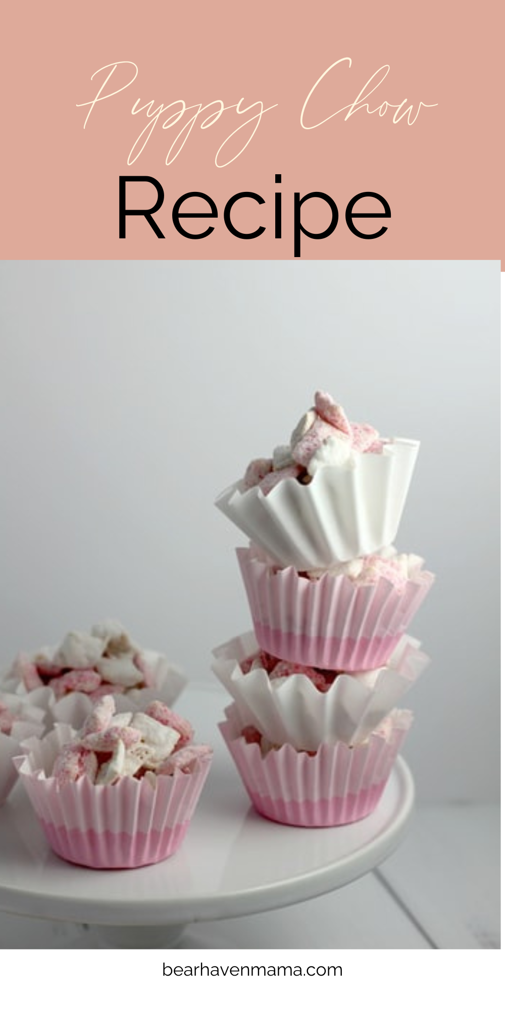 text saying puppy chow recipe with holiday treat puppy chow in dessert cups