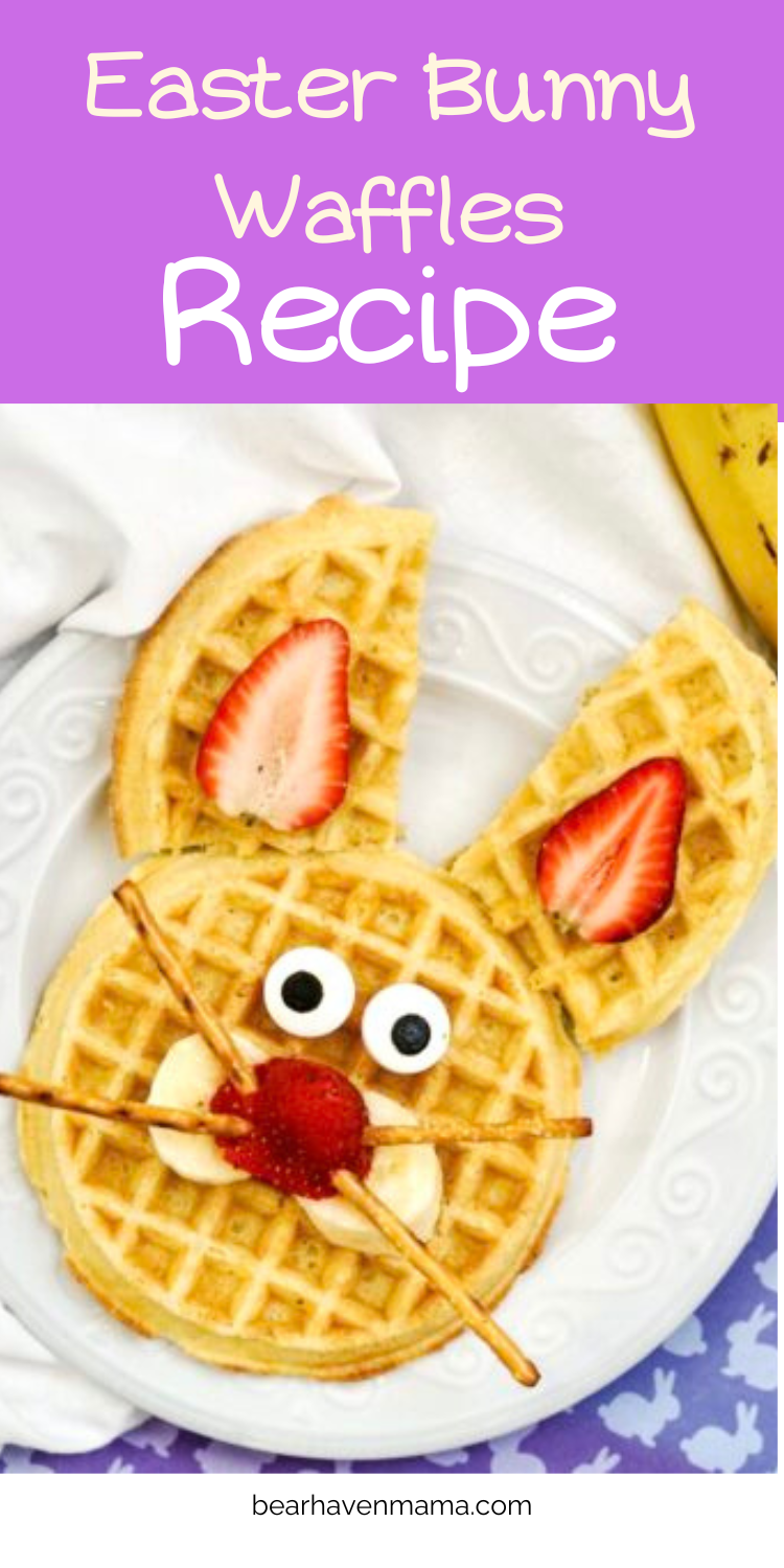 easter bunny waffle with words in white and purple saying "Easter Bunny Waffles Recipe"