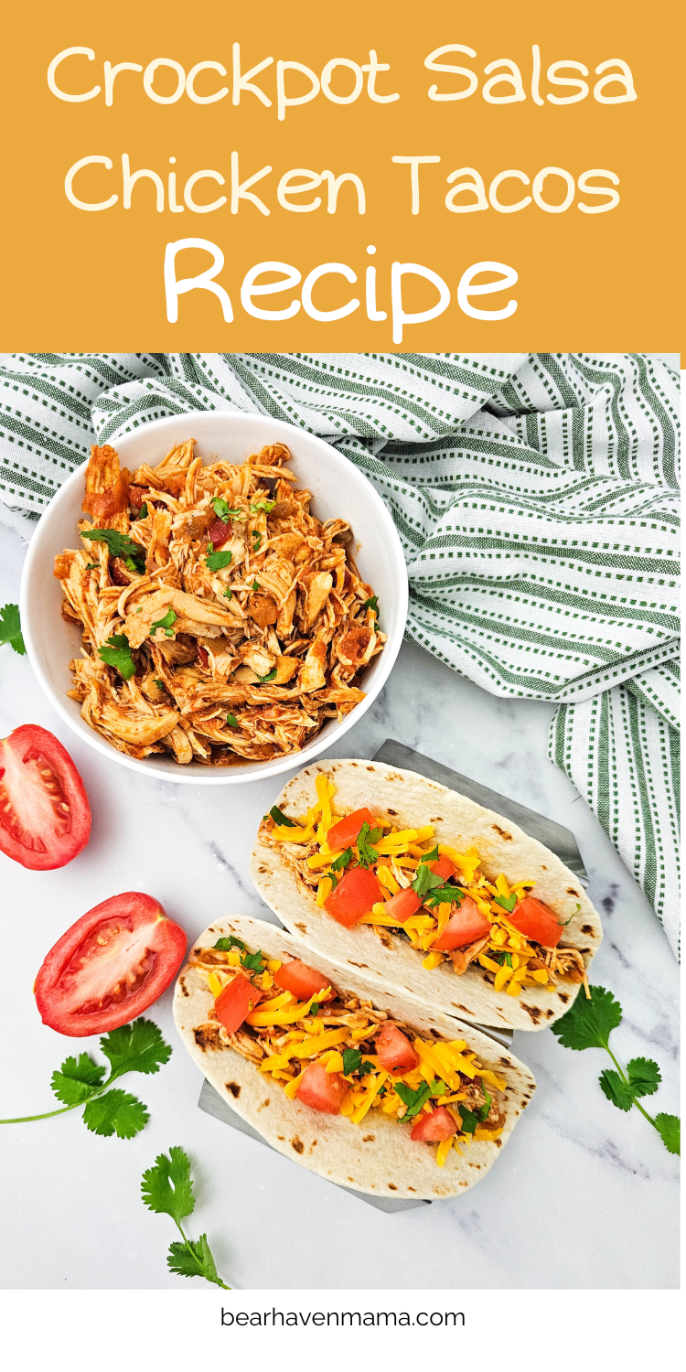 crockpot salsa chicken tacos with tomatoes and garnish near a green and white cloth
