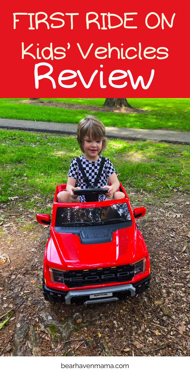 little boy riding vehicle with words saying at the top "FIRST RIDE ON Kids Vehicles Review"